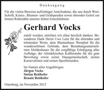 Traueranzeige von Gerhard Vocks  von Magdeburger Volksstimme