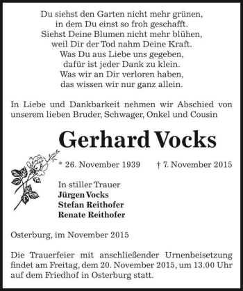 Traueranzeige von Gerhard Vocks  von Magdeburger Volksstimme