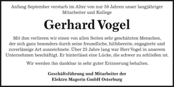 Traueranzeige von Gerhard Vogel  von Magdeburger Volksstimme