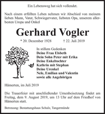 Traueranzeige von Gerhard Vogler  von Magdeburger Volksstimme