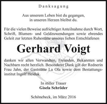 Traueranzeige von Gerhard Voigt  von Magdeburger Volksstimme