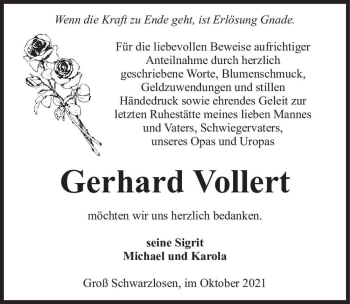 Traueranzeige von Gerhard Vollert  von Magdeburger Volksstimme