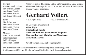 Traueranzeige von Gerhard Vollert  von Magdeburger Volksstimme