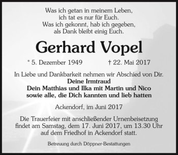 Traueranzeige von Gerhard Vopel  von Magdeburger Volksstimme