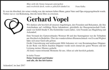 Traueranzeige von Gerhard Vopel  von Magdeburger Volksstimme