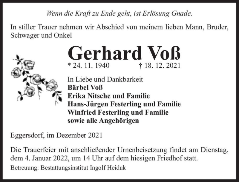  Traueranzeige für Gerhard Voß  vom 22.12.2021 aus Magdeburger Volksstimme