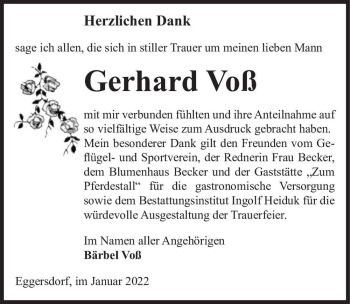 Traueranzeige von Gerhard Voß  von Magdeburger Volksstimme