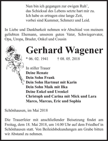 Traueranzeige von Gerhard Wagener  von Magdeburger Volksstimme