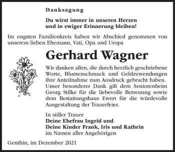 Traueranzeige von Gerhard Wagner  von Magdeburger Volksstimme