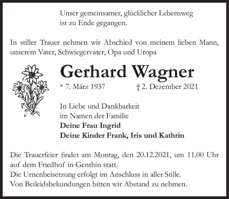  Traueranzeige für Gerhard Wagner  vom 11.12.2021 aus Magdeburger Volksstimme