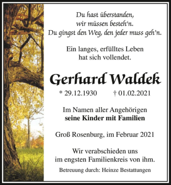 Traueranzeige von Gerhard Waldek  von Magdeburger Volksstimme