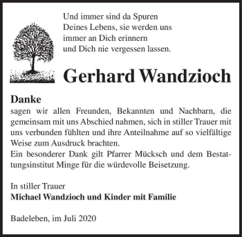 Traueranzeige von Gerhard Wandzioch  von Magdeburger Volksstimme