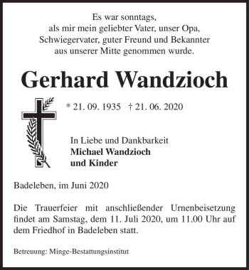 Traueranzeige von Gerhard Wandzioch  von Magdeburger Volksstimme