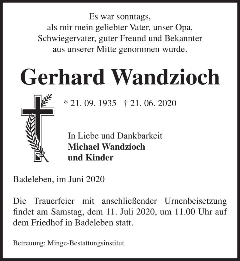  Traueranzeige für Gerhard Wandzioch  vom 27.06.2020 aus Magdeburger Volksstimme
