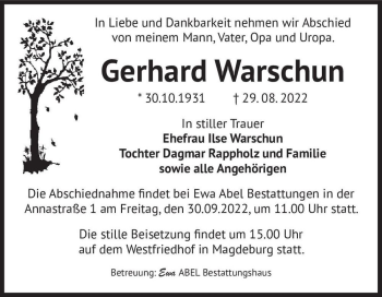 Traueranzeige von Gerhard Warschun  von Magdeburger Volksstimme