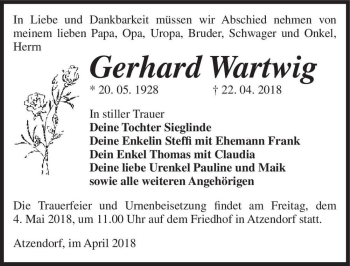 Traueranzeige von Gerhard Wartwig  von Magdeburger Volksstimme