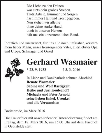 Traueranzeige von Gerhard Wasmaier  von Magdeburger Volksstimme
