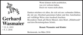 Traueranzeige von Gerhard Wasmaier  von Magdeburger Volksstimme