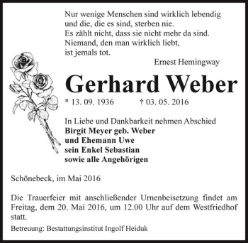 Traueranzeige von Gerhard Weber  von Magdeburger Volksstimme
