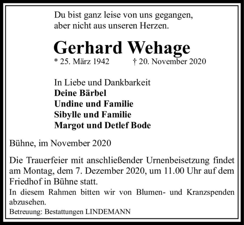  Traueranzeige für Gerhard Wehage  vom 28.11.2020 aus Magdeburger Volksstimme