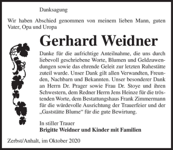 Traueranzeige von Gerhard Weidner  von Magdeburger Volksstimme