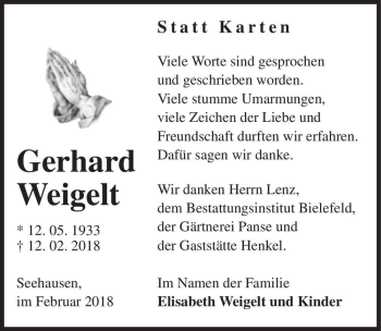 Traueranzeige von Gerhard Weigelt  von Magdeburger Volksstimme