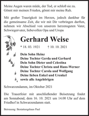 Traueranzeige von Gerhard Weise  von Magdeburger Volksstimme