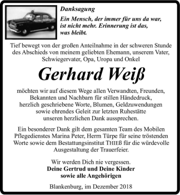 Traueranzeige von Gerhard Weiß  von Magdeburger Volksstimme