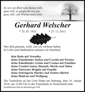 Traueranzeige von Gerhard Welscher  von Magdeburger Volksstimme