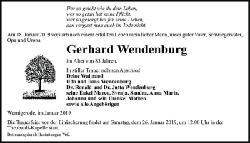 Traueranzeige von Gerhard Wendenburg  von Magdeburger Volksstimme