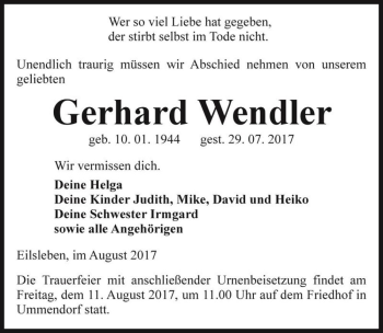 Traueranzeige von Gerhard Wendler  von Magdeburger Volksstimme