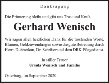 Traueranzeige von Gerhard Wenisch  von Magdeburger Volksstimme