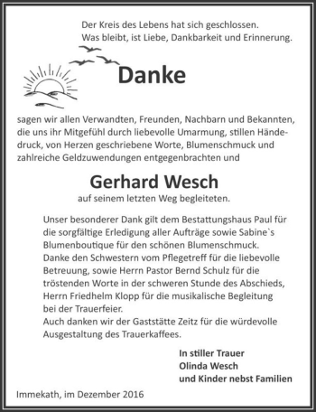 Traueranzeige von Gerhard Wesch  von Magdeburger Volksstimme