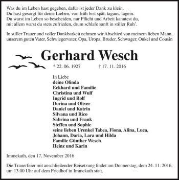 Traueranzeige von Gerhard Wesch  von Magdeburger Volksstimme