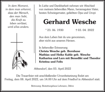 Traueranzeige von Gerhard Wesche  von Magdeburger Volksstimme