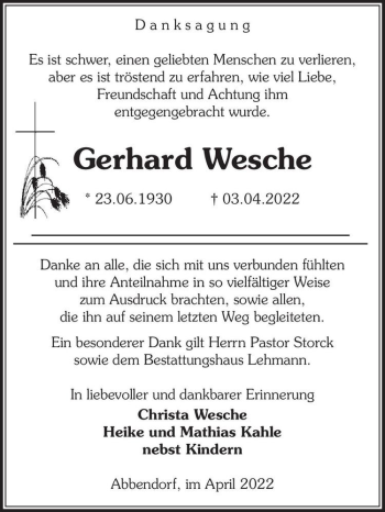Traueranzeige von Gerhard Wesche  von Magdeburger Volksstimme