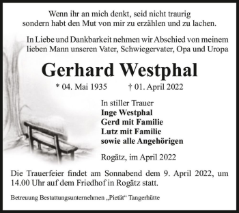 Traueranzeige von Gerhard Westphal  von Magdeburger Volksstimme