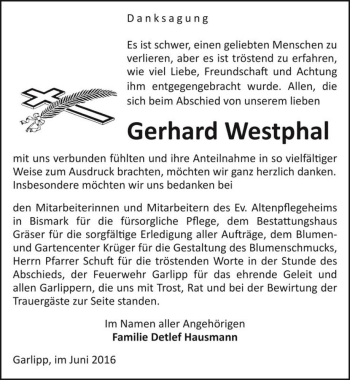 Traueranzeige von Gerhard Westphal  von Magdeburger Volksstimme