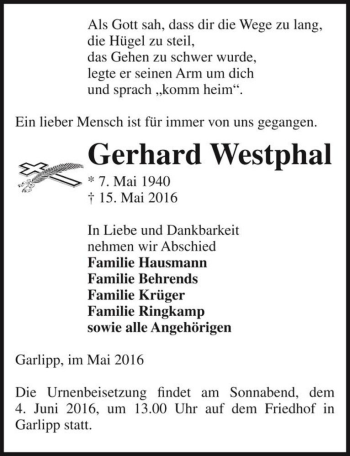 Traueranzeige von Gerhard Westphal  von Magdeburger Volksstimme