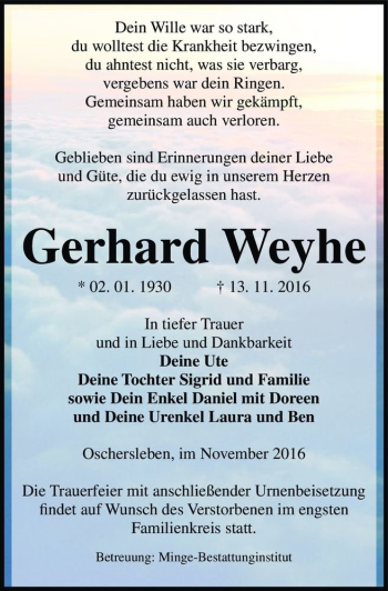 Traueranzeige von Gerhard Weyhe  von Magdeburger Volksstimme