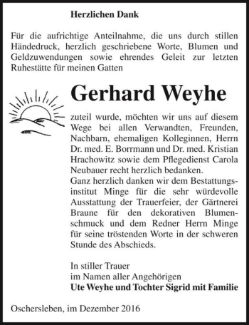 Traueranzeige von Gerhard Weyhe  von Magdeburger Volksstimme