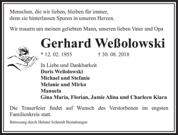 Traueranzeige von Gerhard Weßolowski  von Magdeburger Volksstimme