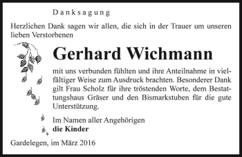 Traueranzeige von Gerhard Wichmann  von Magdeburger Volksstimme