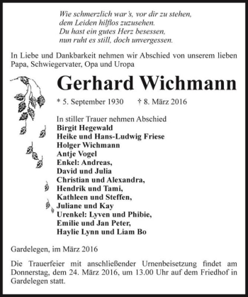 Traueranzeige von Gerhard Wichmann  von Magdeburger Volksstimme