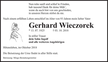 Traueranzeige von Gerhard Wieczorek  von Magdeburger Volksstimme