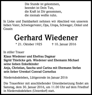 Traueranzeige von Gerhard Wiedener  von Magdeburger Volksstimme