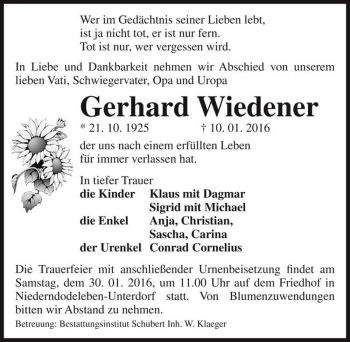 Traueranzeige von Gerhard Wiedener  von Magdeburger Volksstimme