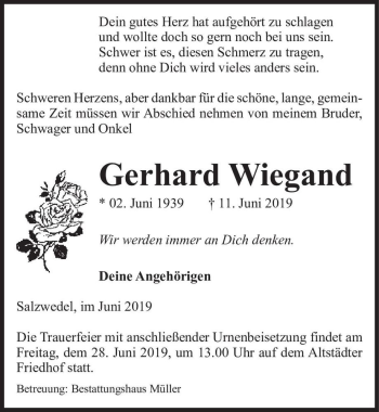 Traueranzeige von Gerhard Wiegand  von Magdeburger Volksstimme