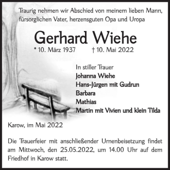 Traueranzeige von Gerhard Wiehe  von Magdeburger Volksstimme
