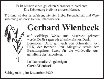 Traueranzeige von Gerhard Wienbeck  von Magdeburger Volksstimme
